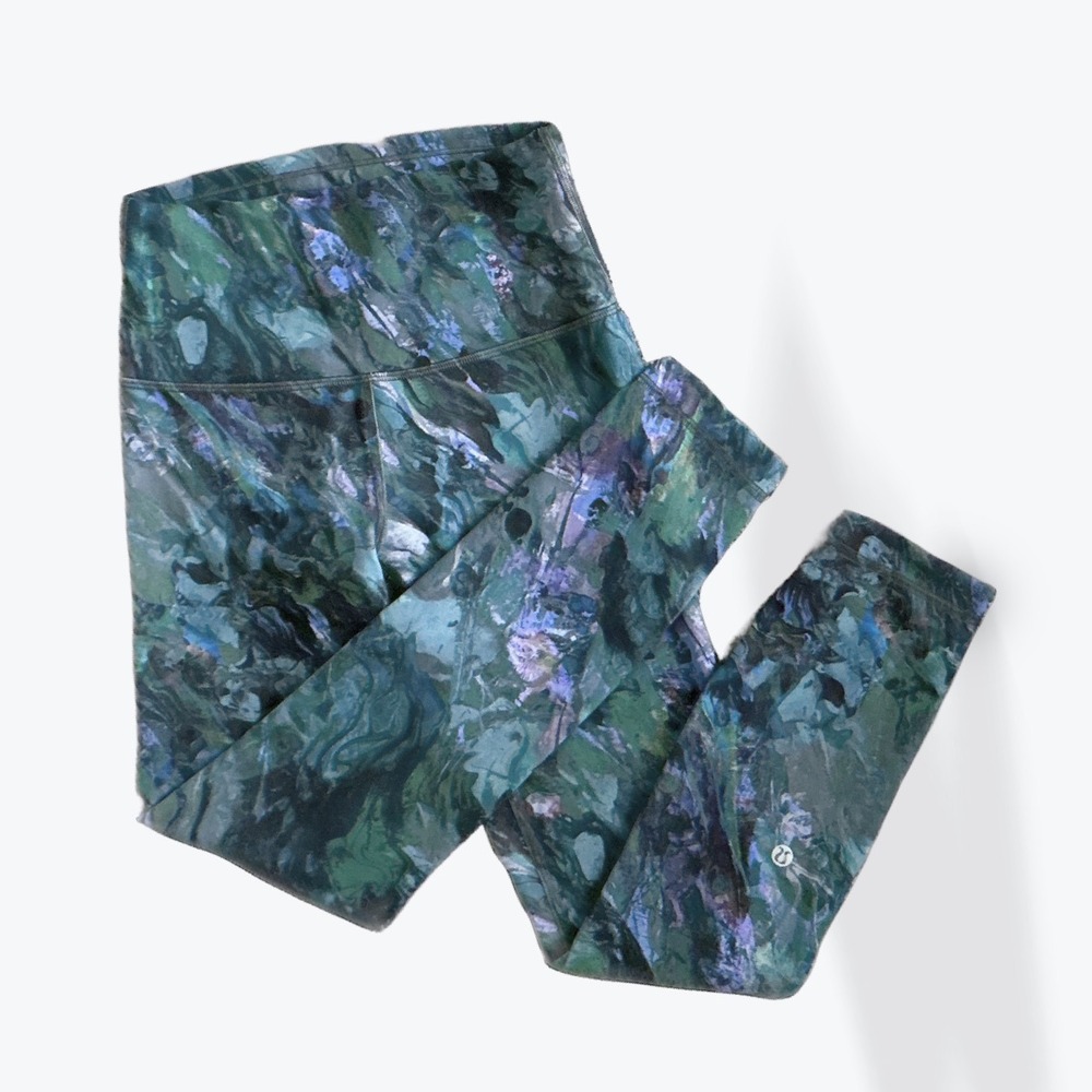 Lululemon Sz 6 Abstract Watercolor Leggings 25" Teal Purple Marble Print LW5CQOS